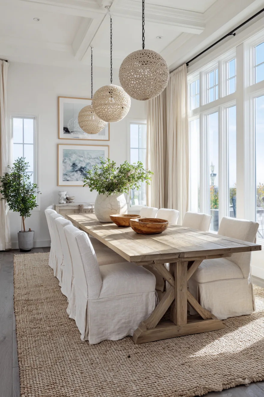 Rectangular wood dining table comfortably seating six with upholstered chairs for family meals.