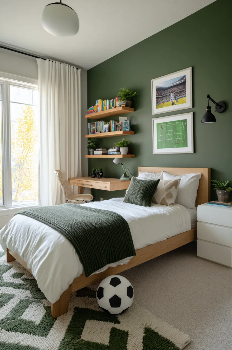 A boys bedroom with a dark green accent wall, a light wood bed frame, green bedding, and a baseball poster above the bed.