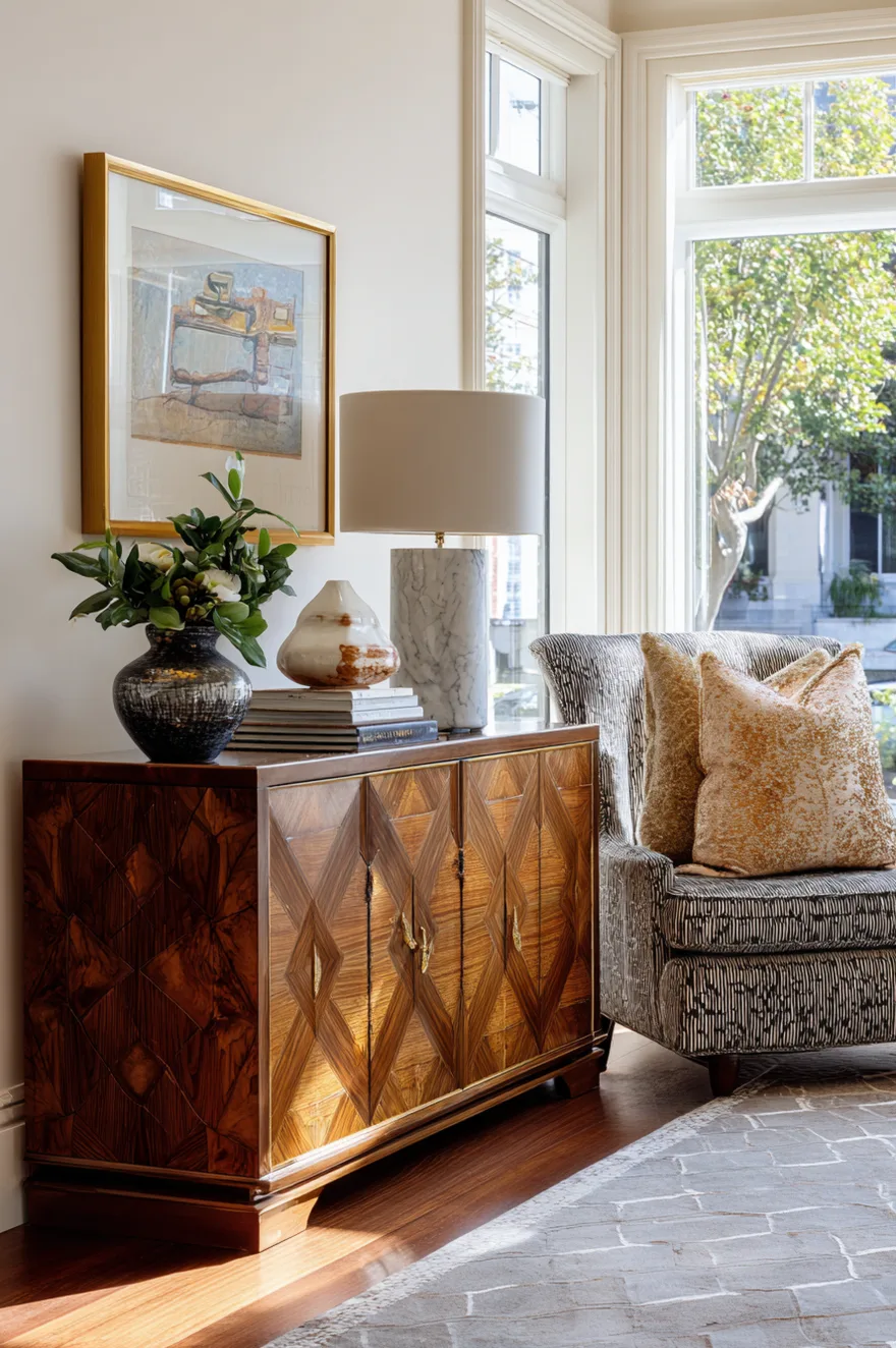 Close-up of a wood cabinet door featuring a bold geometric starburst marquetry pattern in contrasting light and dark veneers, accented with a central brass pull handle. The top displays a dark ceramic vase with green branches and a small brass sculpture.