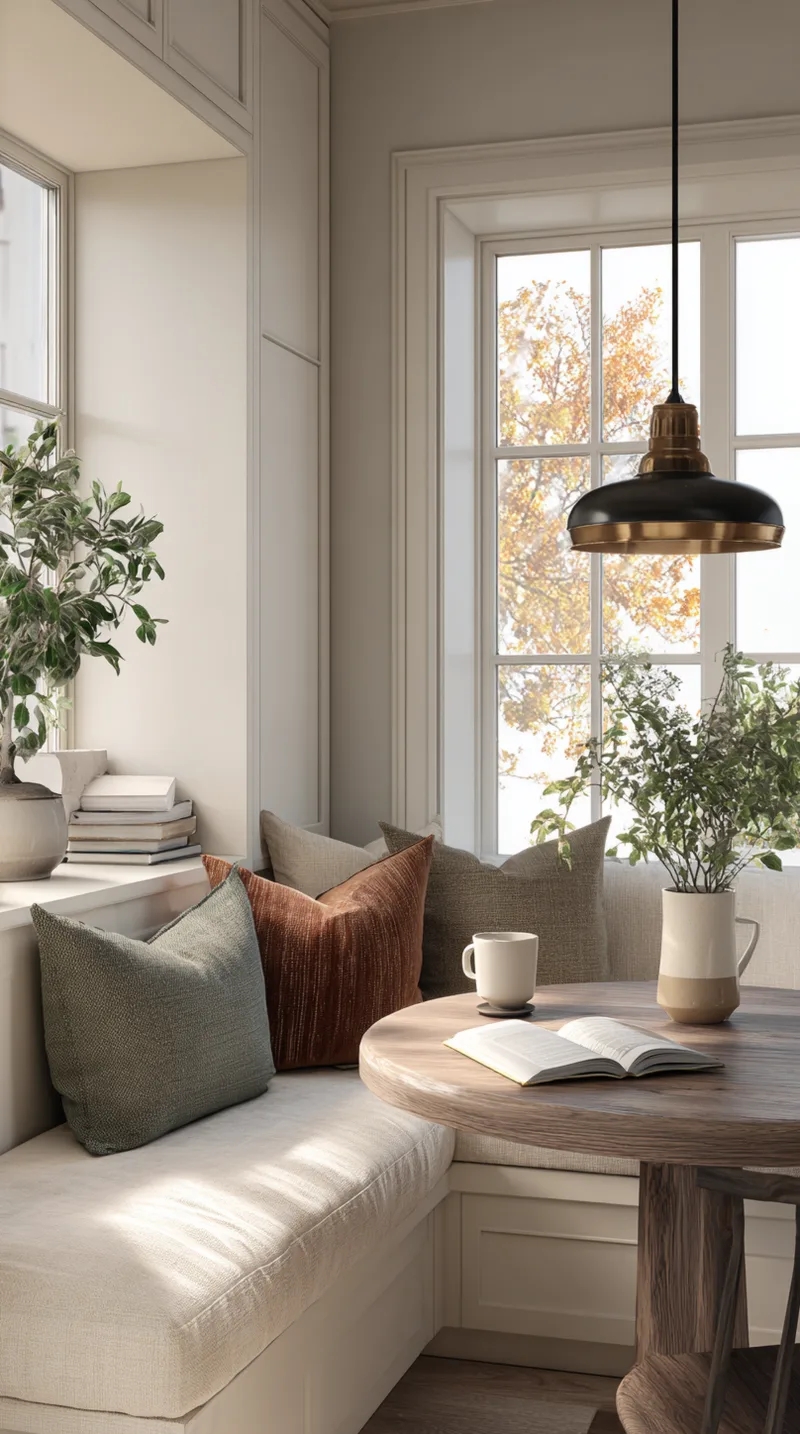 Cozy kitchen breakfast nook with built-in banquette seating, round wood table, and rust velvet pillows.