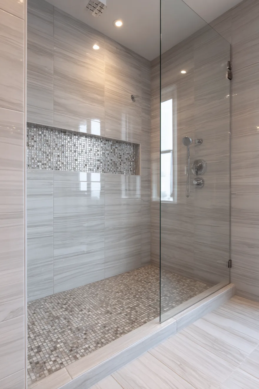 A spacious walk in shower enclosed in glass, featuring large format light gray tiles with a horizontal wood grain pattern. A built in wall niche is accented with small silver metallic mosaic tiles. The shower includes chrome fixtures and a pebble style mosaic floor.