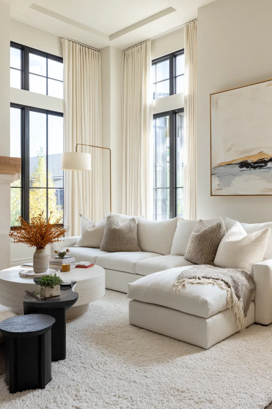 A bright living room with high ceilings featuring a plush white area rug placed under a large white sectional sofa, a round white coffee table, and two small black stools.