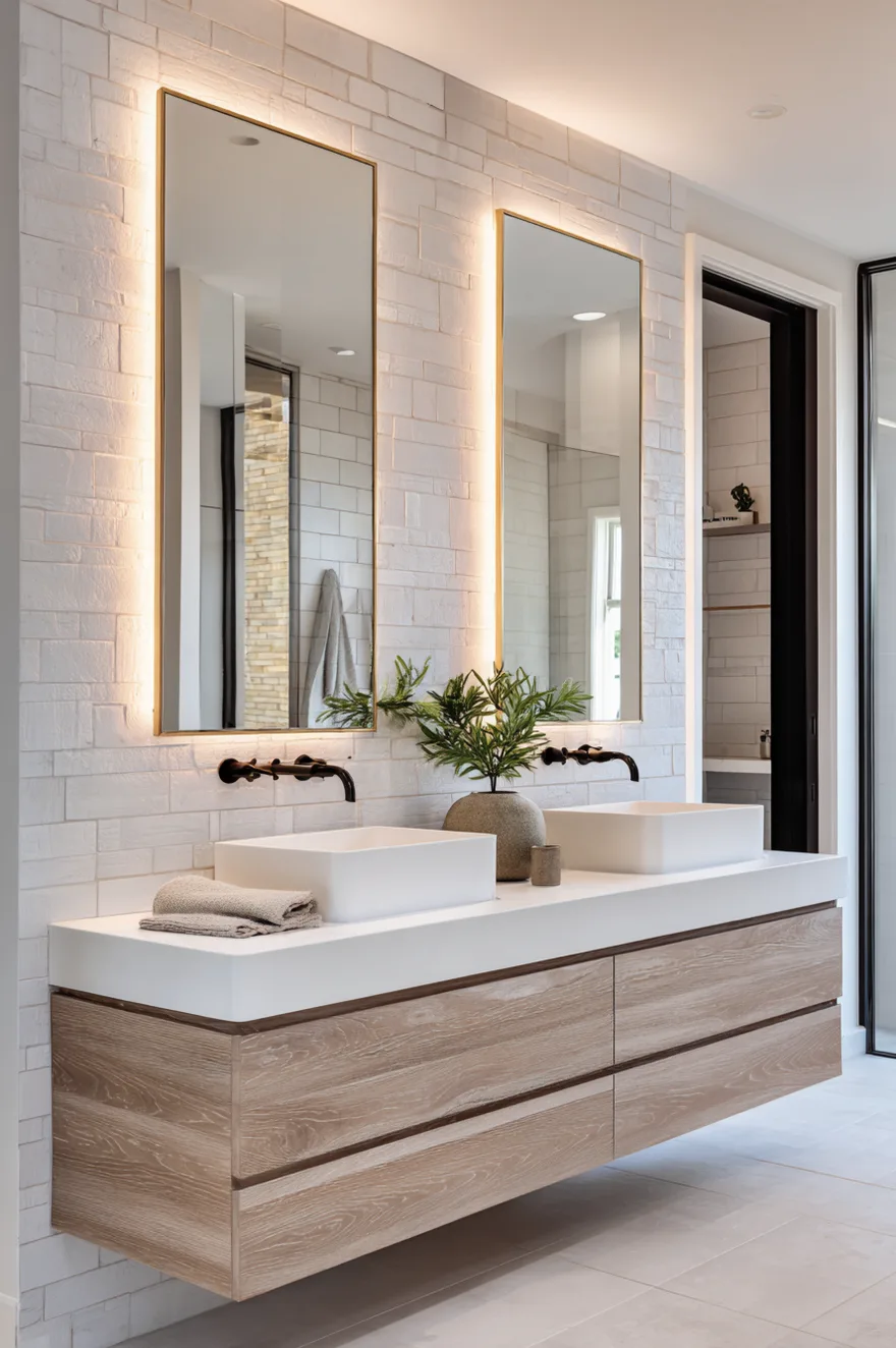 A modern bathroom featuring a floating light wood double vanity with a thick white countertop and two rectangular vessel sinks. Dark wall-mounted faucets match the contemporary design. Two tall rectangular gold-framed mirrors are backlit with warm LED lighting against a white textured brick wall.