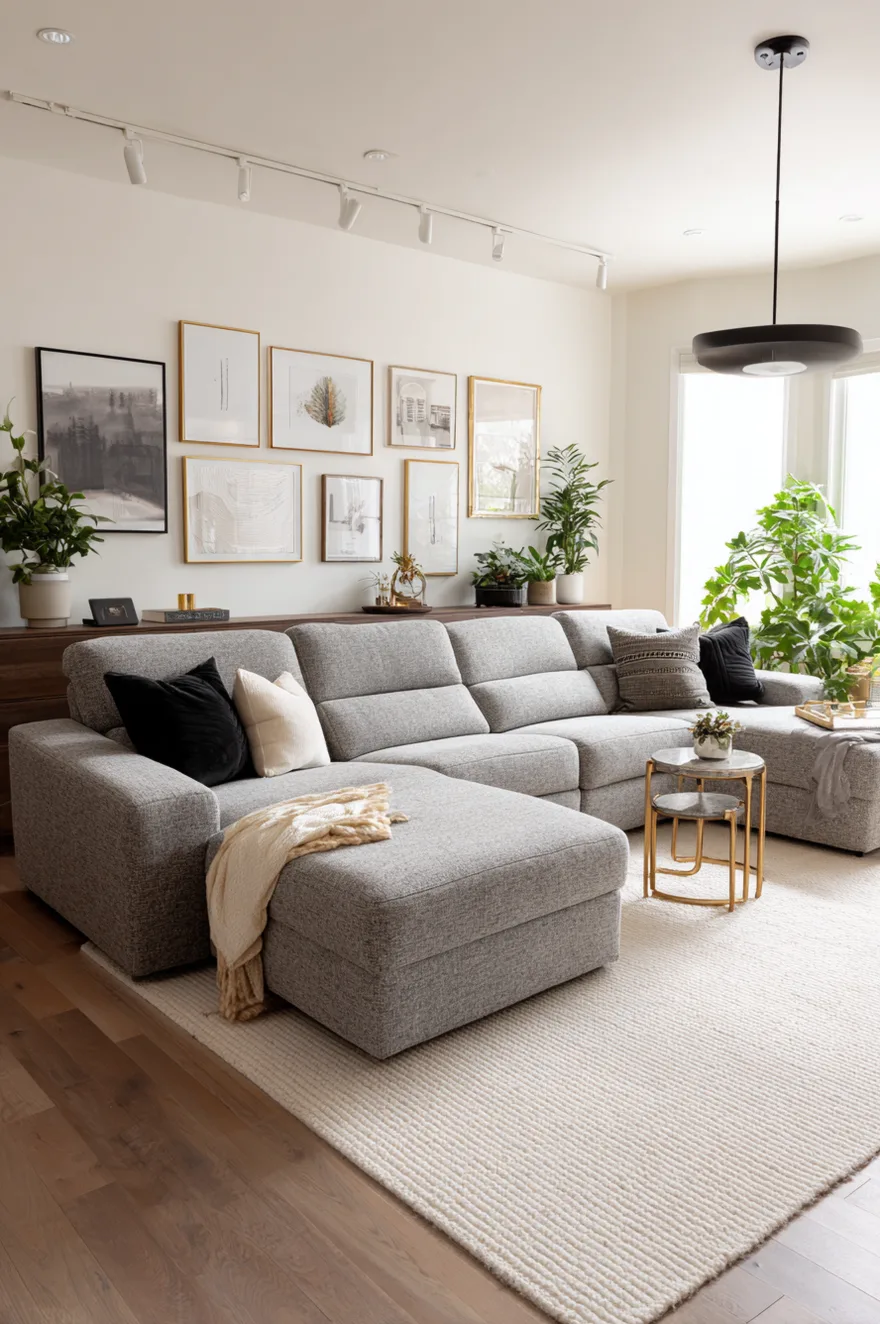 A bright modern living room featuring a large grey power reclining sectional styled with grey and cream pillows. A round wooden coffee table sits in the center on a light area rug.