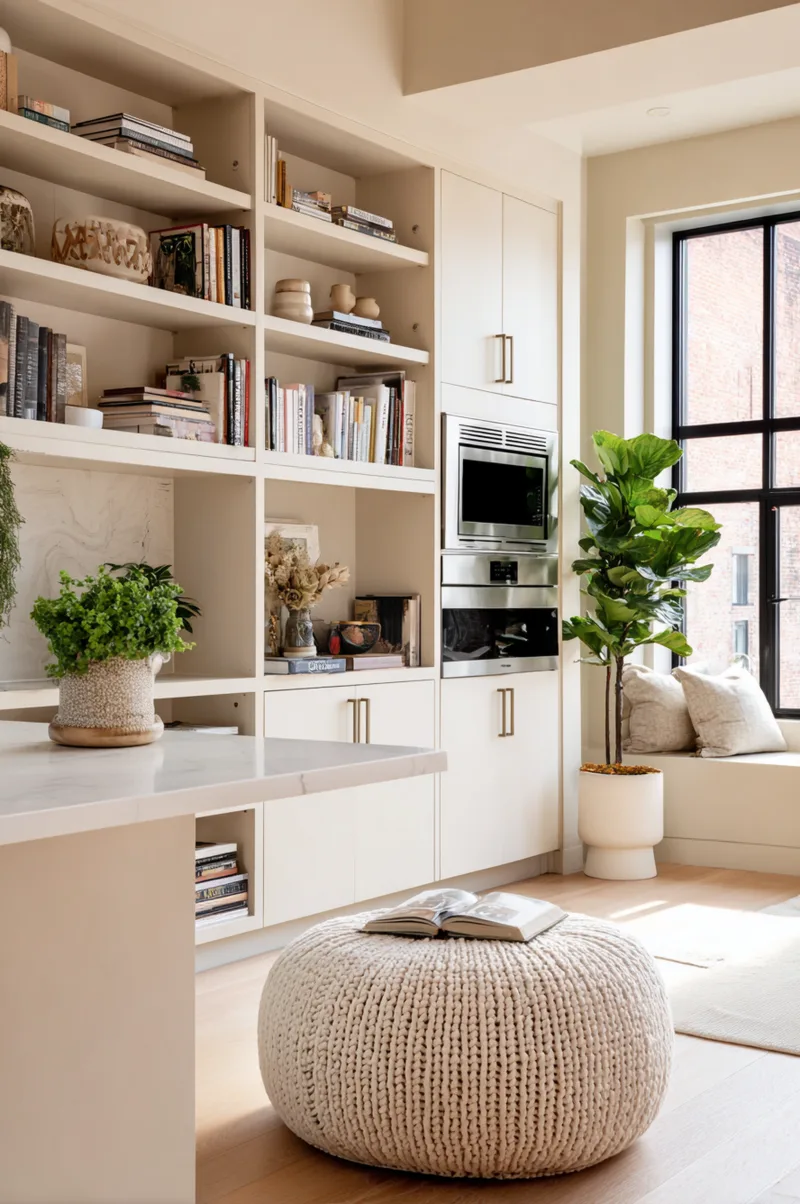 Built-in white shelving and cabinetry in a living room wall creating hidden storage next to an open kitchen.