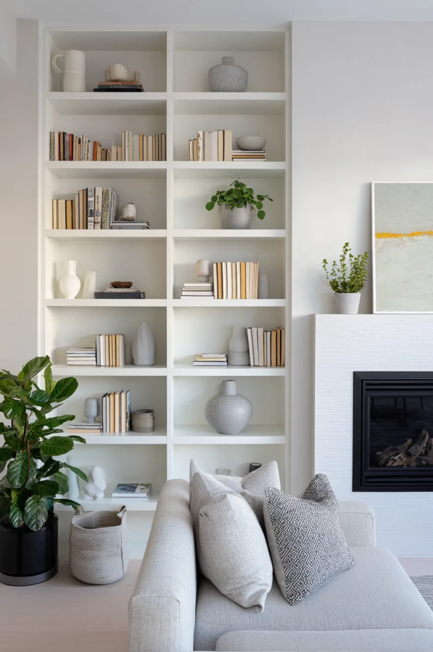 Floor-to-ceiling white built-in shelving next to a white fireplace with a black firebox. The shelves are minimally styled with books turned pages-out, trailing green plants, and grey and white ceramic vases. A light grey sofa with patterned and textured throw pillows sits in the foreground, alongside a large potted fiddle leaf fig plant in a black planter.