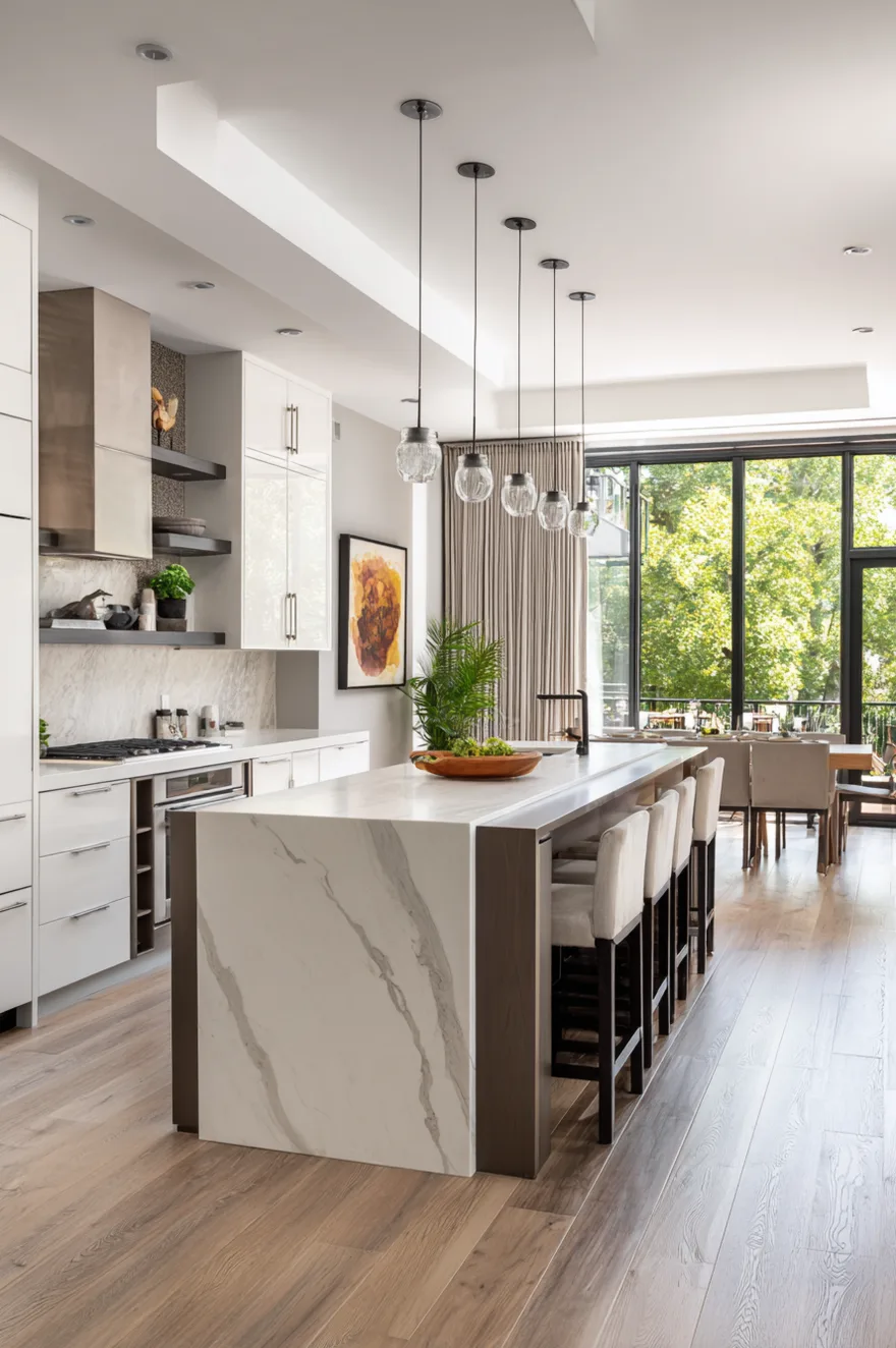 A spacious modern kitchen featuring an extra long island with a white marble waterfall top and an integrated dark wood lower seating tier with upholstered stools. Four glass pendant lights hang above the island, with sleek white flat panel cabinets and large glass doors in the background.