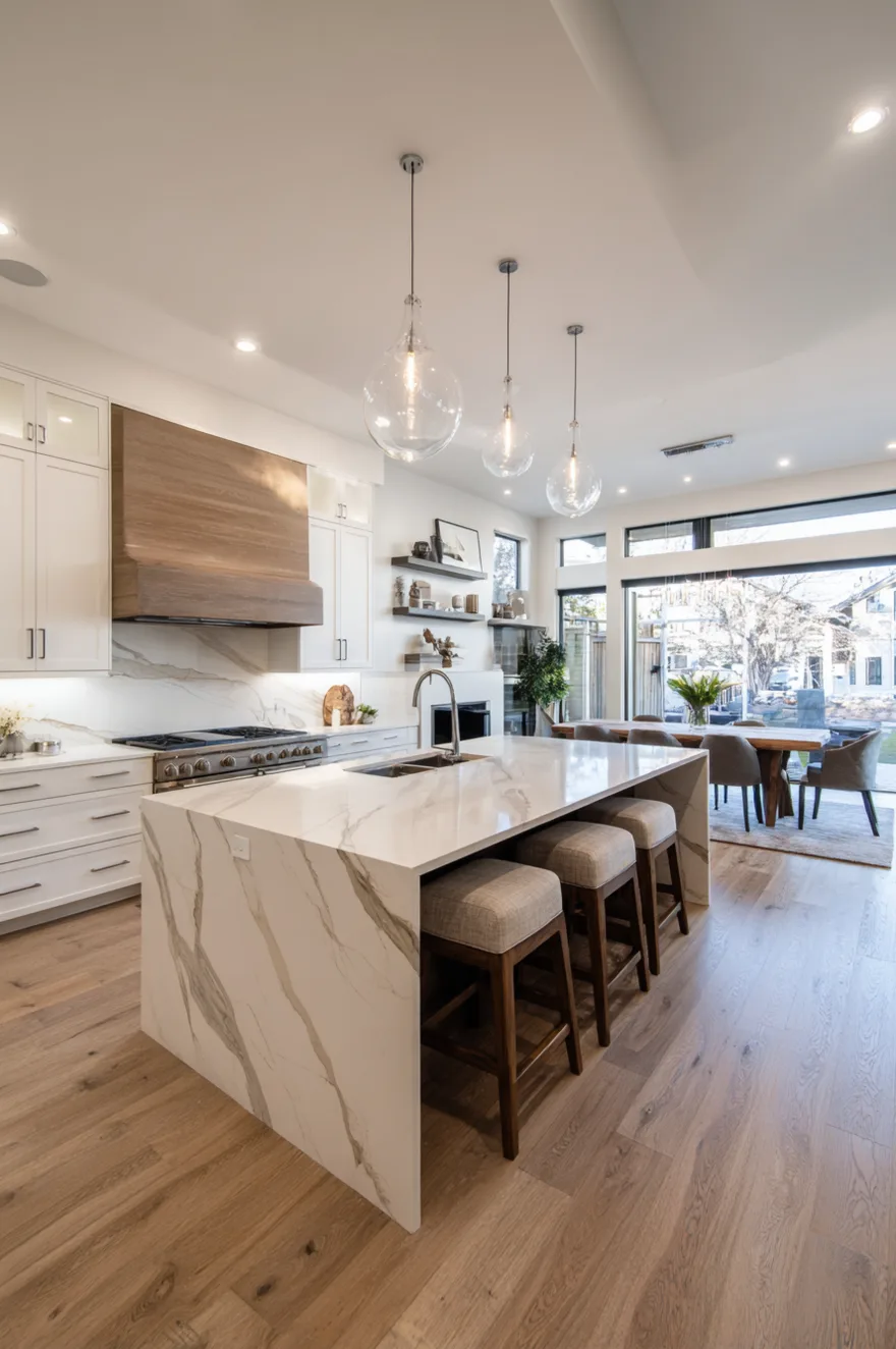 A bright modern kitchen with a large white marble island and three upholstered wood stools. Three clear glass pendant lights hang above the island, with a wood range hood, white cabinets, and a dining table visible in the background.