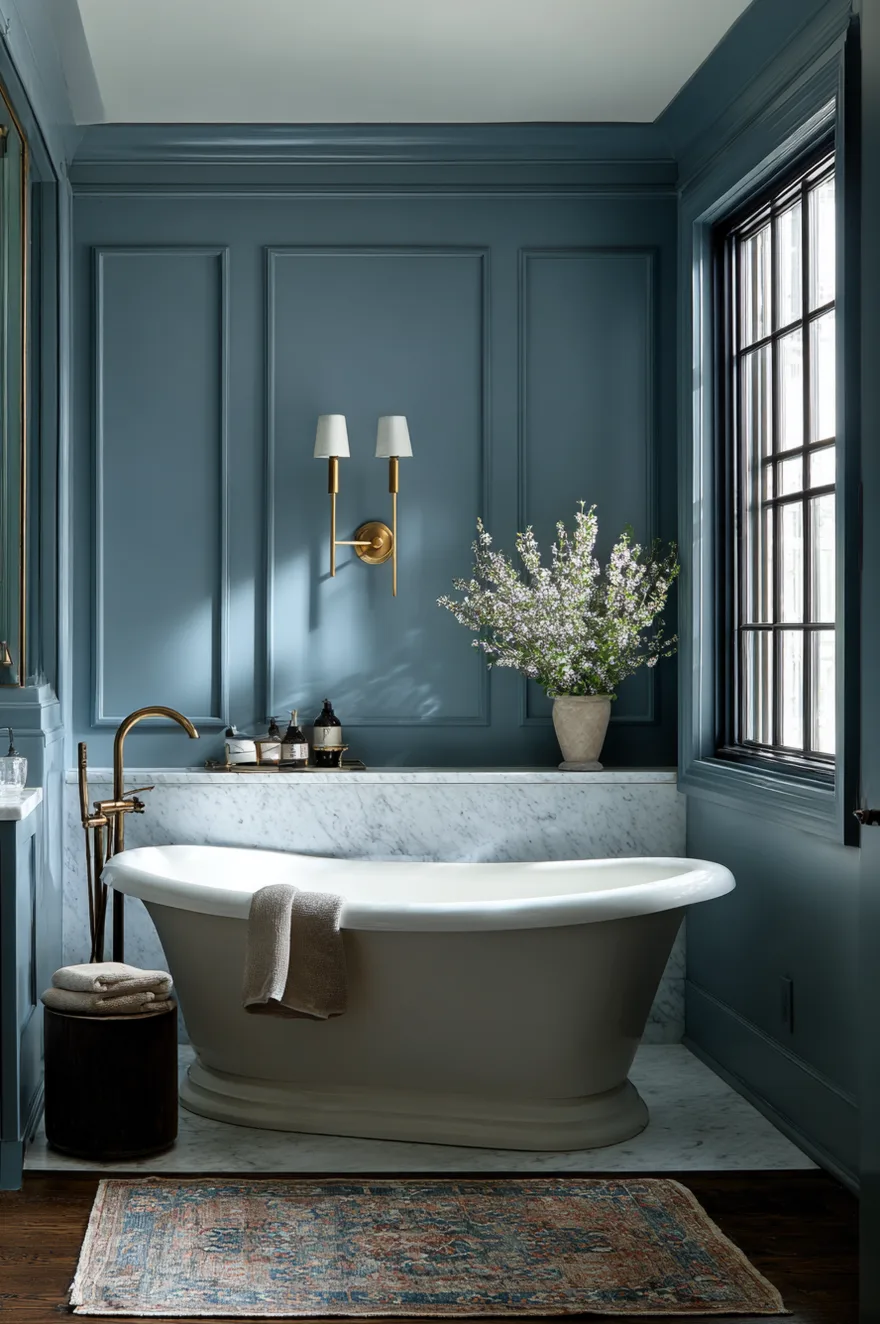 A bathroom with slate blue paneled walls, a white freestanding soaking tub, a gold tub filler, a marble ledge, and a large window with black trim. A vintage style rug sits on the dark wood floor.