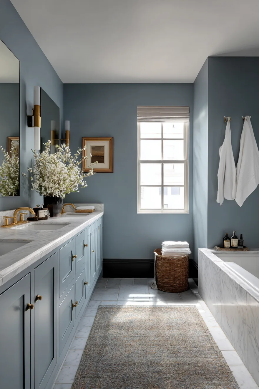 A bright bathroom featuring slate blue walls, a matching slate blue double vanity with gold hardware, white marble countertops, a large window, and a built in bathtub with a marble surround.