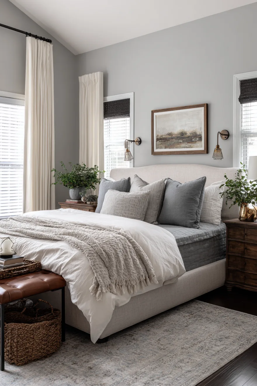 Master bedroom with grey upholstered bed and wall-mounted brass reading lights for individual light control.