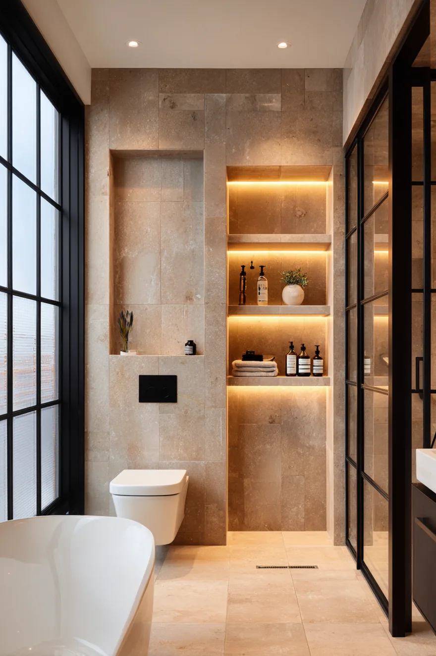 A close-up view of a minimalist walk-in shower corner. The walls are covered in large, textured beige stone tiles. Integrated warm LED strip lighting illuminates a long horizontal recessed niche built into the wall. Two matte black rain showerheads extend from the ceiling above. A clear glass partition is on the right.