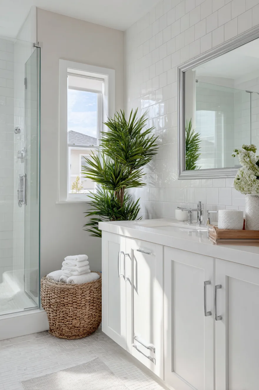 A bright white bathroom featuring a white herringbone patterned floor tile, a classic white clawfoot tub with brass fixtures, and a small wooden stool.