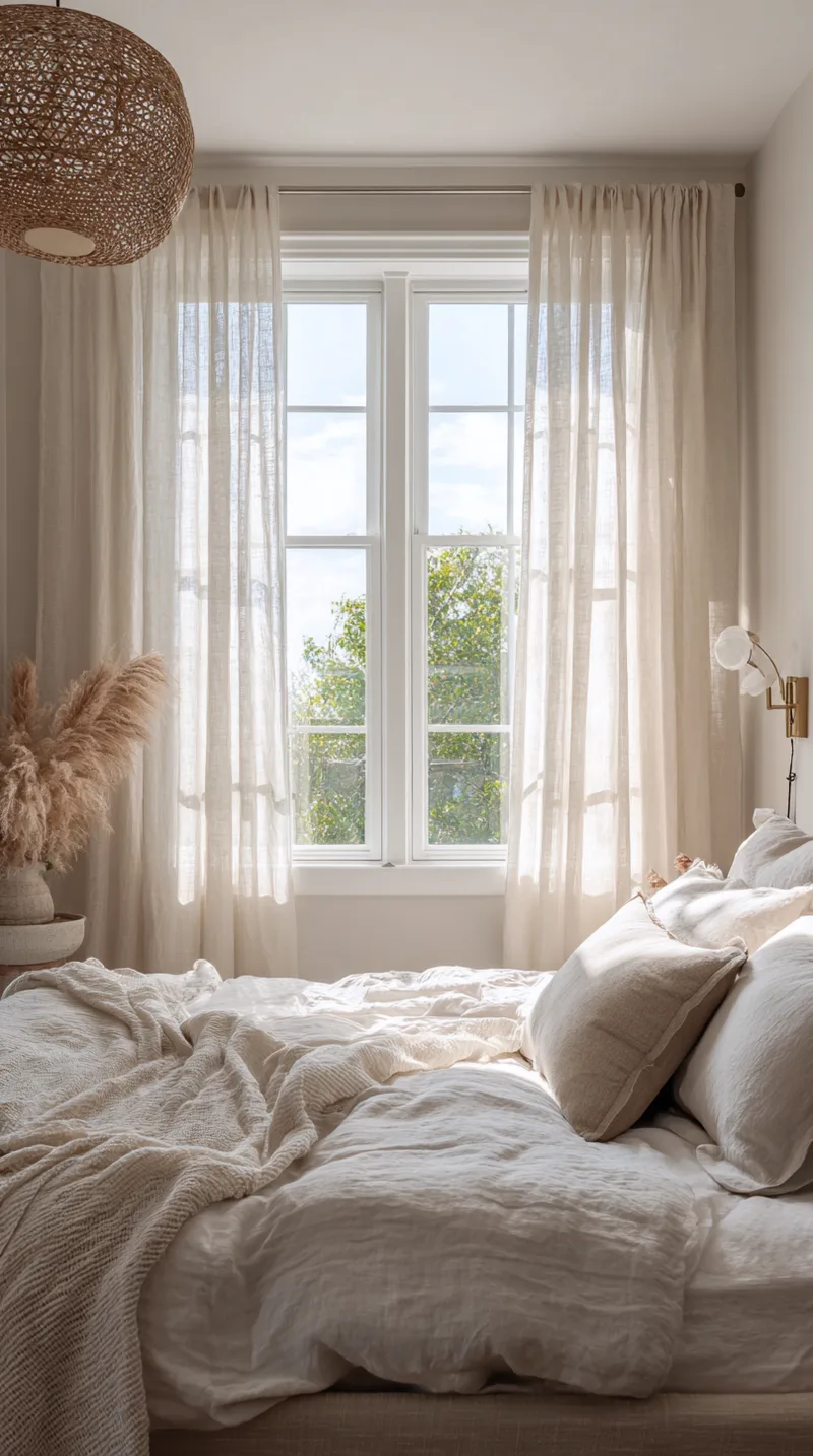 Bright bedroom window with floor-length sheer linen curtains filtering natural light.