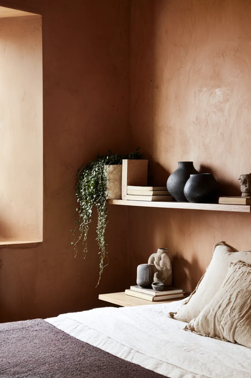 Floating shelf against a terracotta limewash plaster wall holding dark ceramic vessels, linen-spined books, raw wood objects, and a trailing plant in a stone pot.