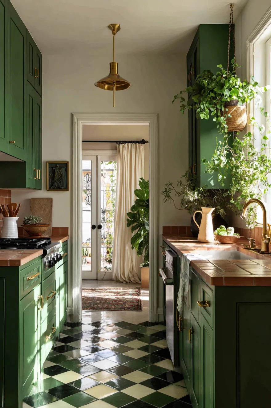 Black and white checkered kitchen floor with deep forest green cabinets, unlacquered brass hardware, a terracotta tile backsplash, and a trailing pothos in warm afternoon light.