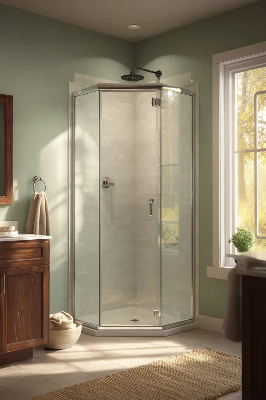 Corner glass walk in shower with two full clear glass panels meeting at a minimal chrome frame, warm white elongated tile inside, and matte black rainfall head.