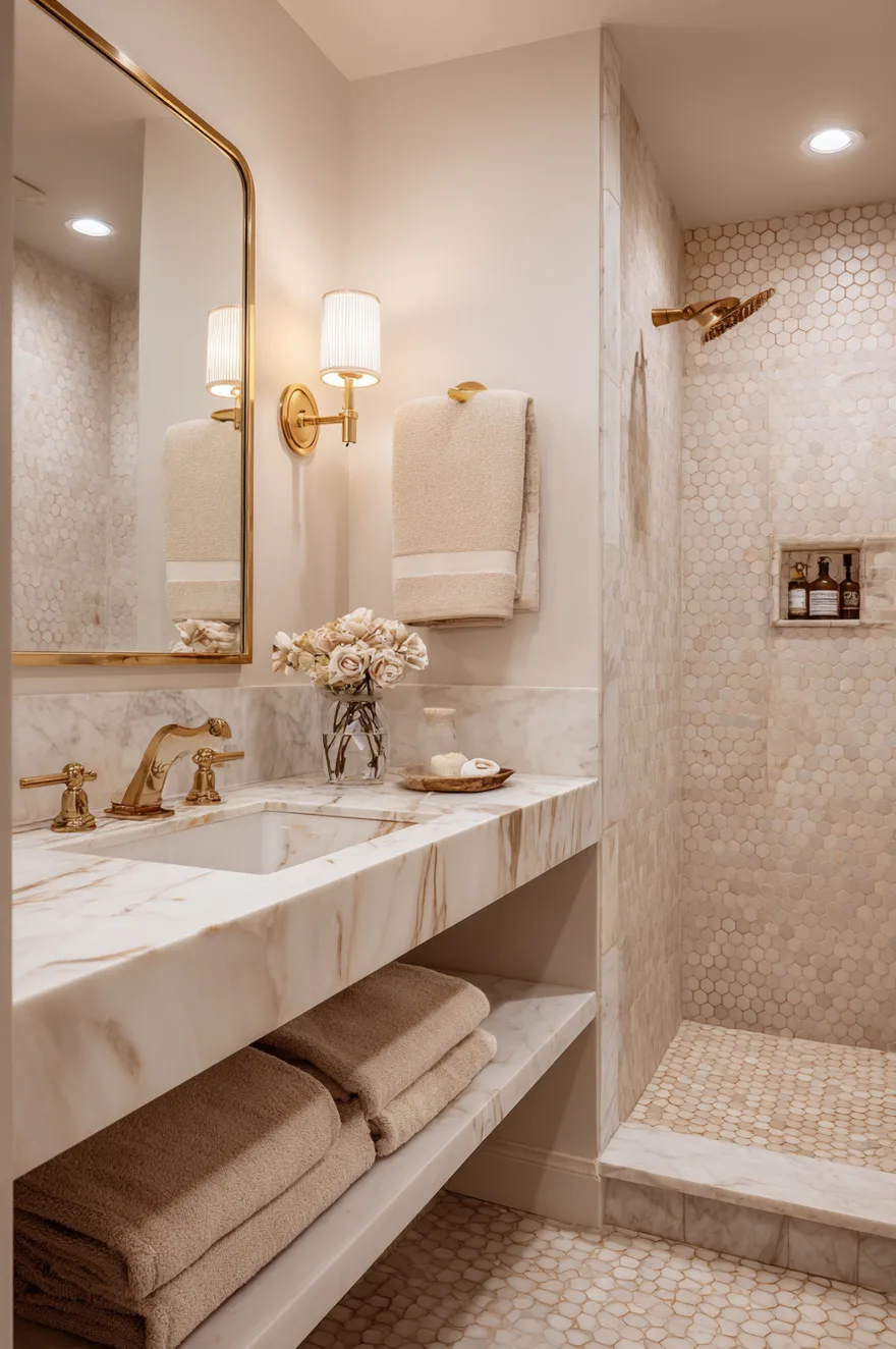 Calacatta gold marble mosaic hexagon tiles on a shower floor surrounded by matte cream wall tile with a slab marble floating shelf and two warm brass wall sconces flanking a mirror.
