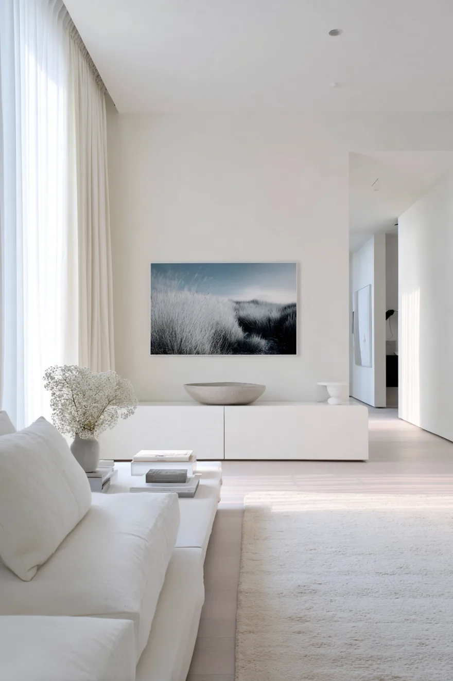 Matte white lacquer console against a plaster-white wall with a single large-scale monochrome photograph above the TV and one shallow concrete bowl as the only surface object.