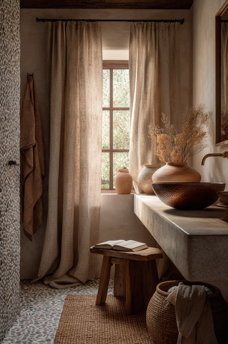 Natural texture spa bathroom with rough linen drapes, a woven seagrass bath mat, hammered copper basin on a whitewashed plaster vanity, and river-stone mosaic shower floor.
