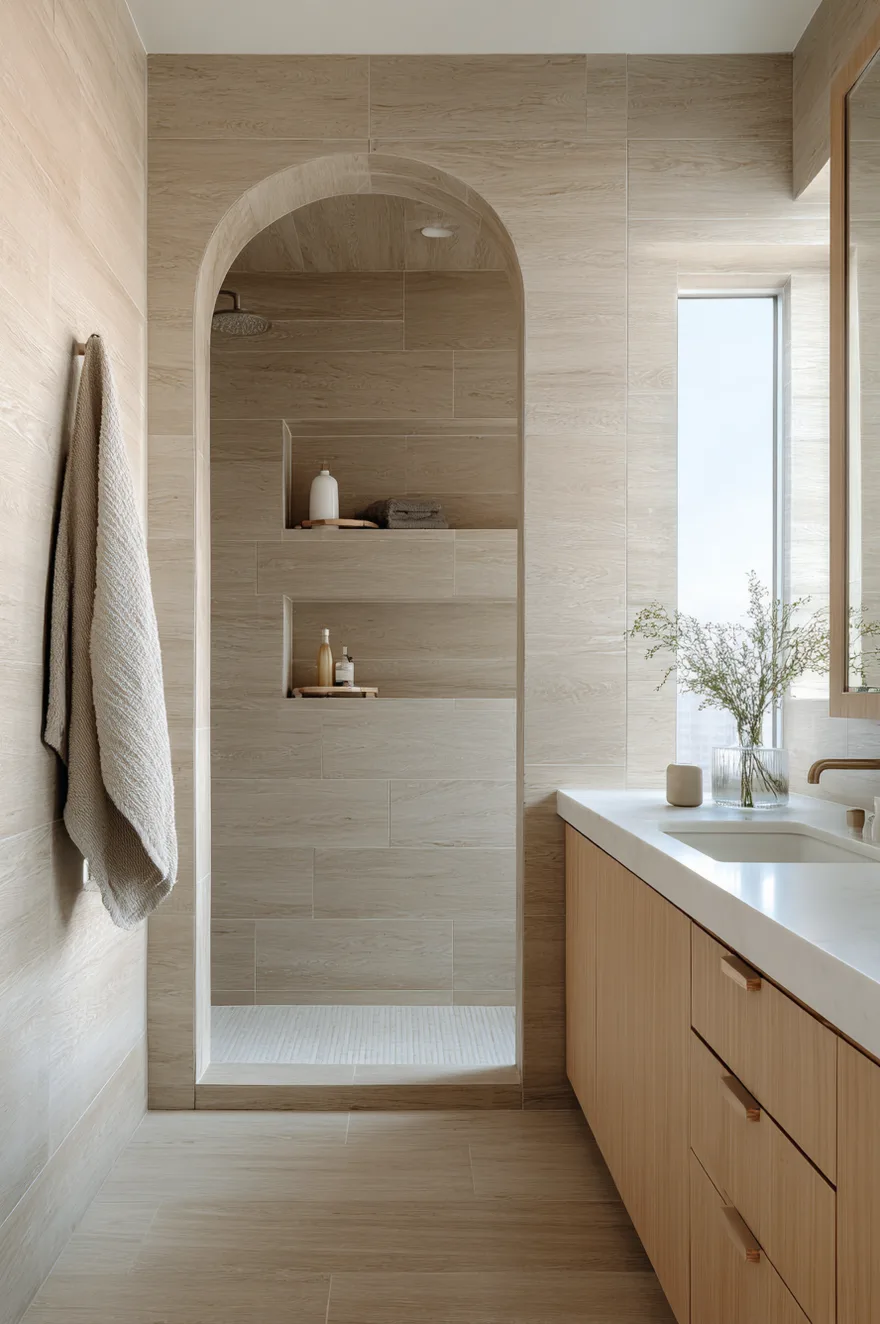 Warm minimalist bathroom with large-format sand-colored wood-look porcelain tile on walls and floor, a wall-mount oak vanity with no hardware, and a single arched niche in the shower wall.