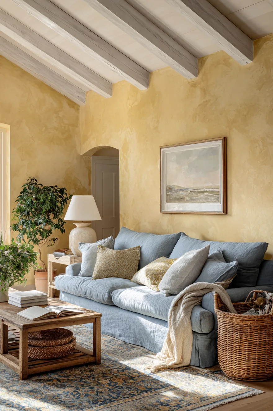 Dusty powder blue linen sofa against a warm yellow limewash textured wall with white painted ceiling beams, a faded Persian rug, and wicker side tables in a cottage living room.