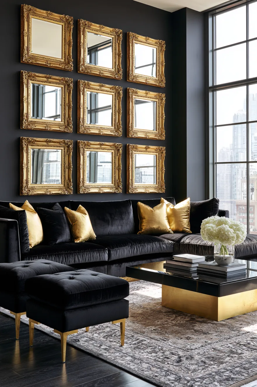 Symmetrical grid of nine ornate gold framed square mirrors on a matte black wall behind a black plush sectional with metallic gold throw pillows.