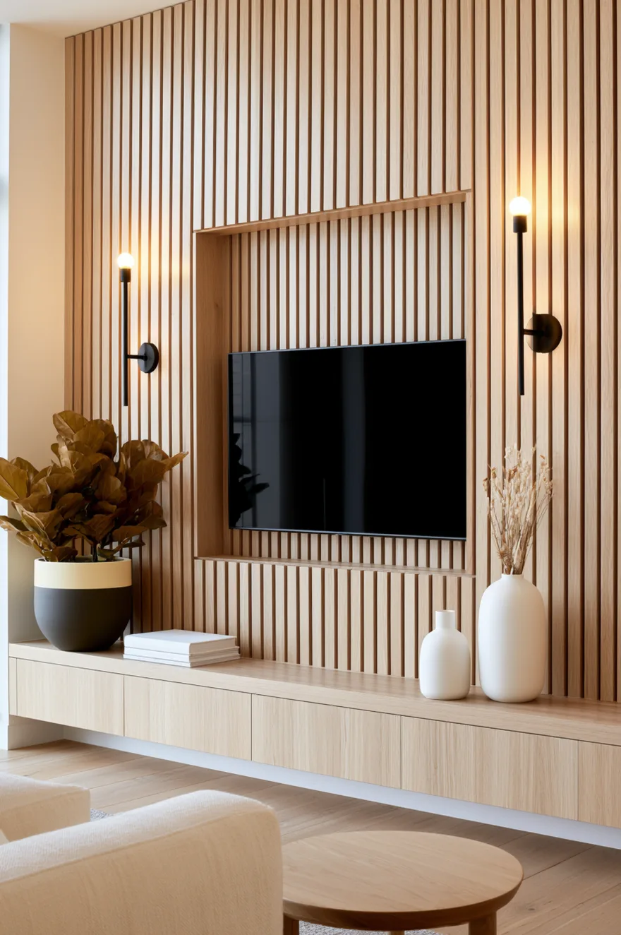 Full-width media feature wall made of vertical light oak wood slats with a deep rectangular recessed niche holding a flush-mounted television screen. Two minimal black linear wall sconces with glowing round bulbs are mounted symmetrically on the wood slats flanking the screen. A matching light oak floating media console runs along the bottom, styled with a large two-tone black and cream floor planter containing a leafy green plant, a stack of white design books, and two matte white ceramic vases holding dried ornamental grasses.