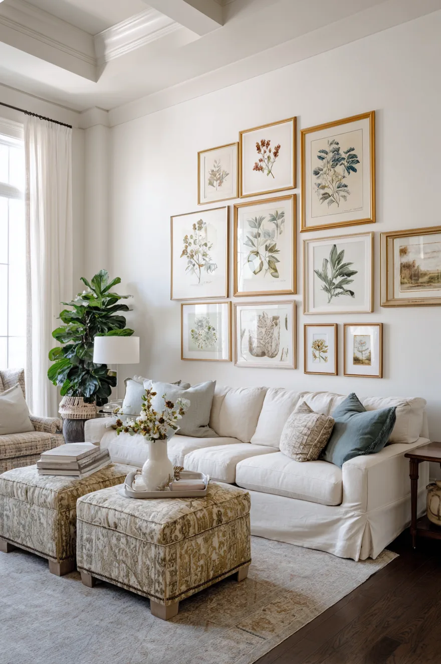 A white slipcovered sofa sits beneath a curated gallery wall of botanical sketches in thin gold frames. The room features a neutral rug, patterned ottomans used as a coffee table, and a large fiddle leaf fig plant in the corner providing a touch of greenery.