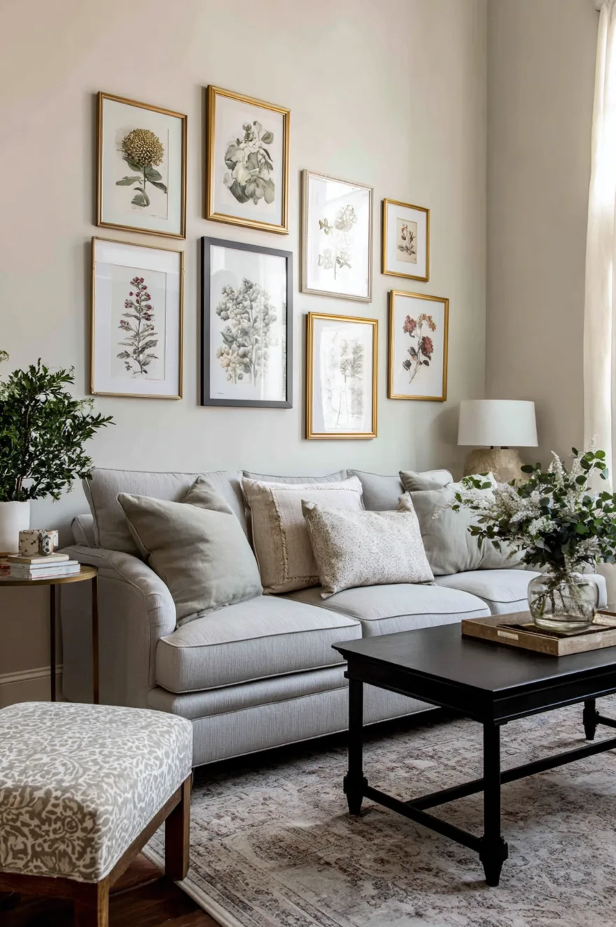 A gray upholstered sofa is accented with sage green and neutral pillows, positioned below a gallery wall of assorted botanical art. The prints are displayed in a mix of gold and black frames on a light gray wall, with a dark wood coffee table in the foreground.