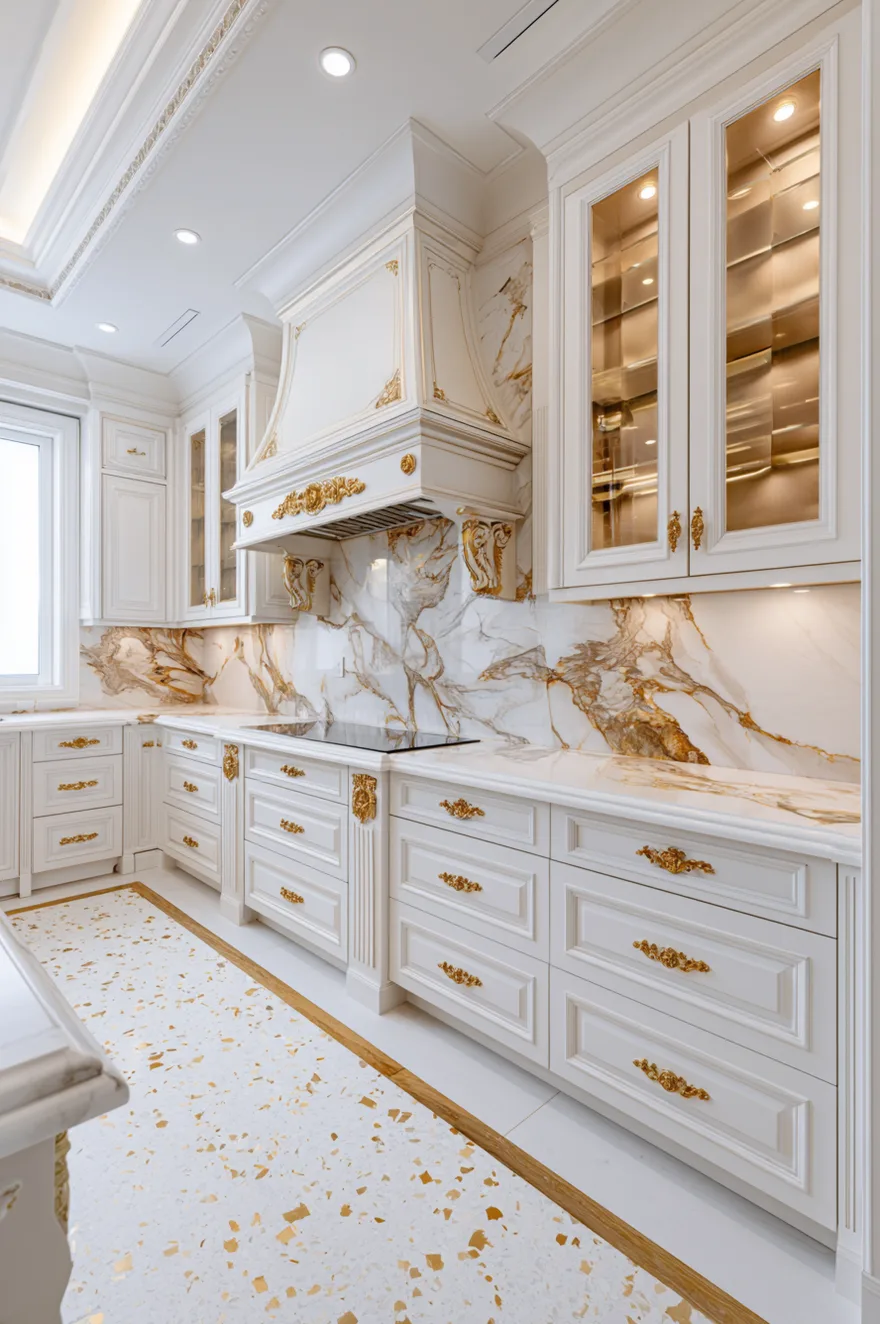 Full-height dramatically veined white and gold marble slab backsplash and countertops, ornate white cabinets with heavy gold filigree hardware, matching white and gold custom range hood.