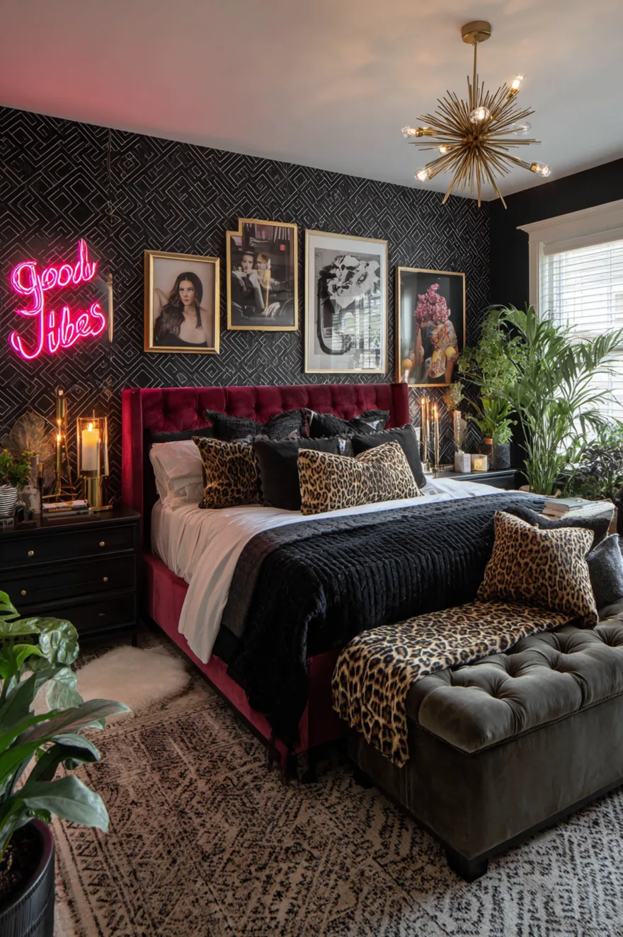Maximalist dark feminine bedroom with black walls, a pink velvet bench, a "Good Vibes" pink neon sign, and leopard print pillows on the bed.