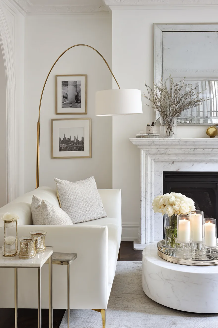 Luxury white living room with a marble fireplace, statement gold arc floor lamp, and elegant mixed metal accents.