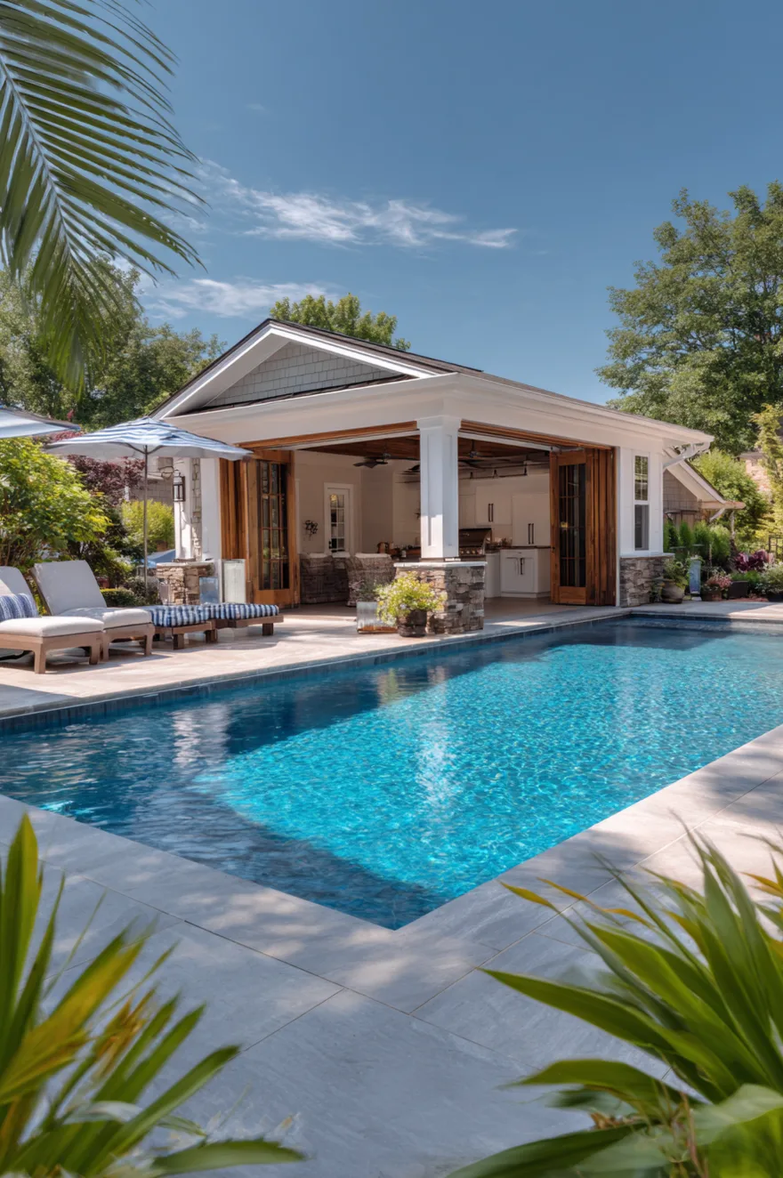 Rustic pool house interior with large glass folding doors open to a pool area, featuring an indoor/outdoor kitchen with natural wood cabinetry, concrete countertops, a large grill, and a high-top table with wooden stools.