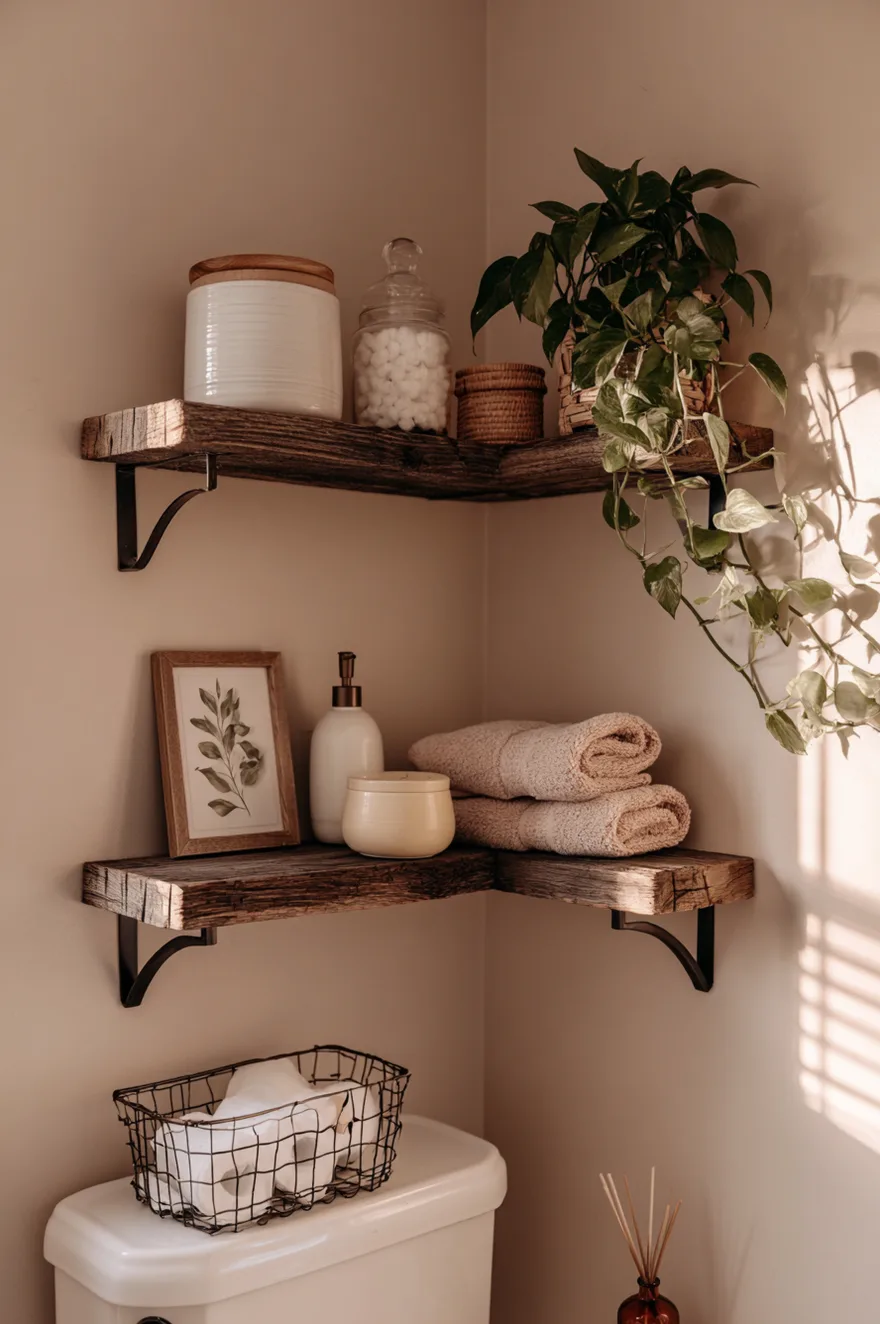 Rustic L-shaped wood shelves with black iron brackets in a bathroom corner above a toilet tank, holding a trailing pothos plant, a botanical art print, a white ceramic canister, and a wire basket with toilet paper.