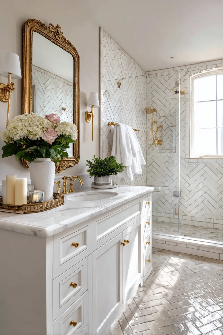 A bathroom floor showcasing a grey, white, and black geometric basketweave tile pattern, situated next to a natural wood vanity with a white vessel sink.