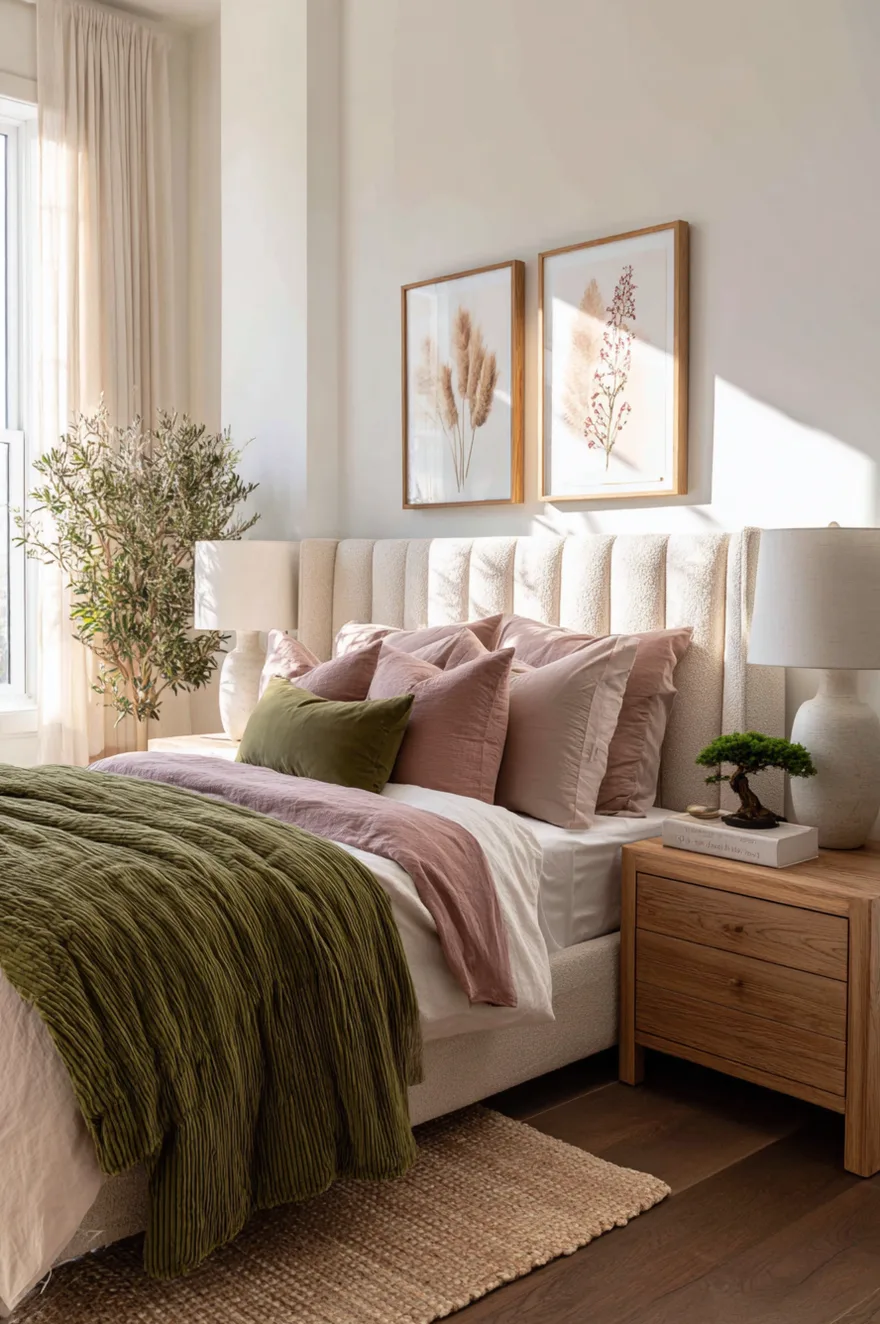 A bright bedroom featuring a cream ribbed headboard against white walls. The bedding includes soft mauve pillows and sheets, contrasted by an olive green lumbar pillow and a textured olive green blanket.