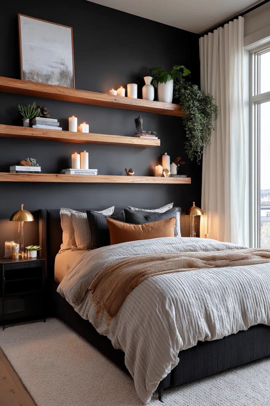 A dark bedroom with a black accent wall featuring three thick wood floating shelves styled with glowing candles, ceramics, and trailing plants. A black upholstered bed with light grey bedding and a rust lumbar pillow is flanked by brass dome table lamps.