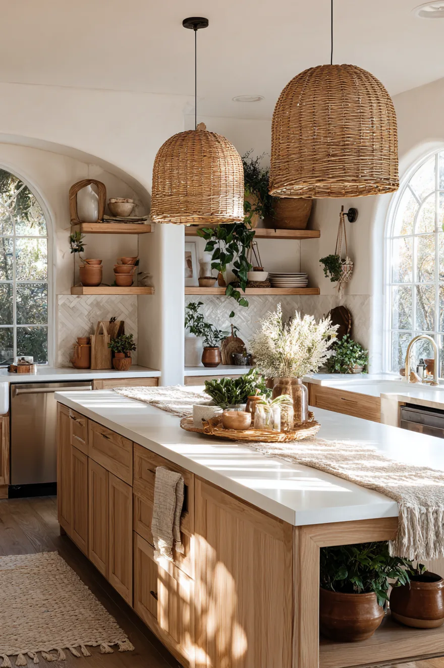 Large oversized rattan boho kitchen pendant lights over island hanging in a warm kitchen with wood cabinets.
