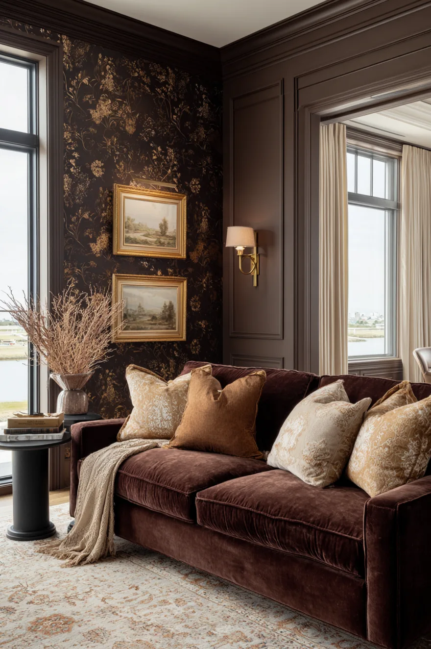 A luxurious living room featuring a rich chocolate brown velvet tufted sofa set against high ceilings and dark wood cabinetry, with a large gold chandelier hanging overhead.