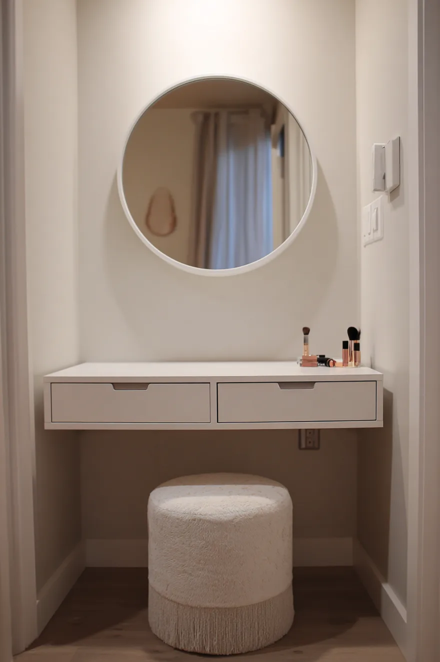 A compact wall-mounted white vanity desk is nestled under a sloped ceiling in a bedroom corner. Above the desk hangs a large, ornate Antique gold-framed round mirror. A narrow glass floating shelf sits below the mirror, holding small cosmetic items. A lamp, books, and makeup rest on the desk, with an acrylic ghost chair positioned in front.