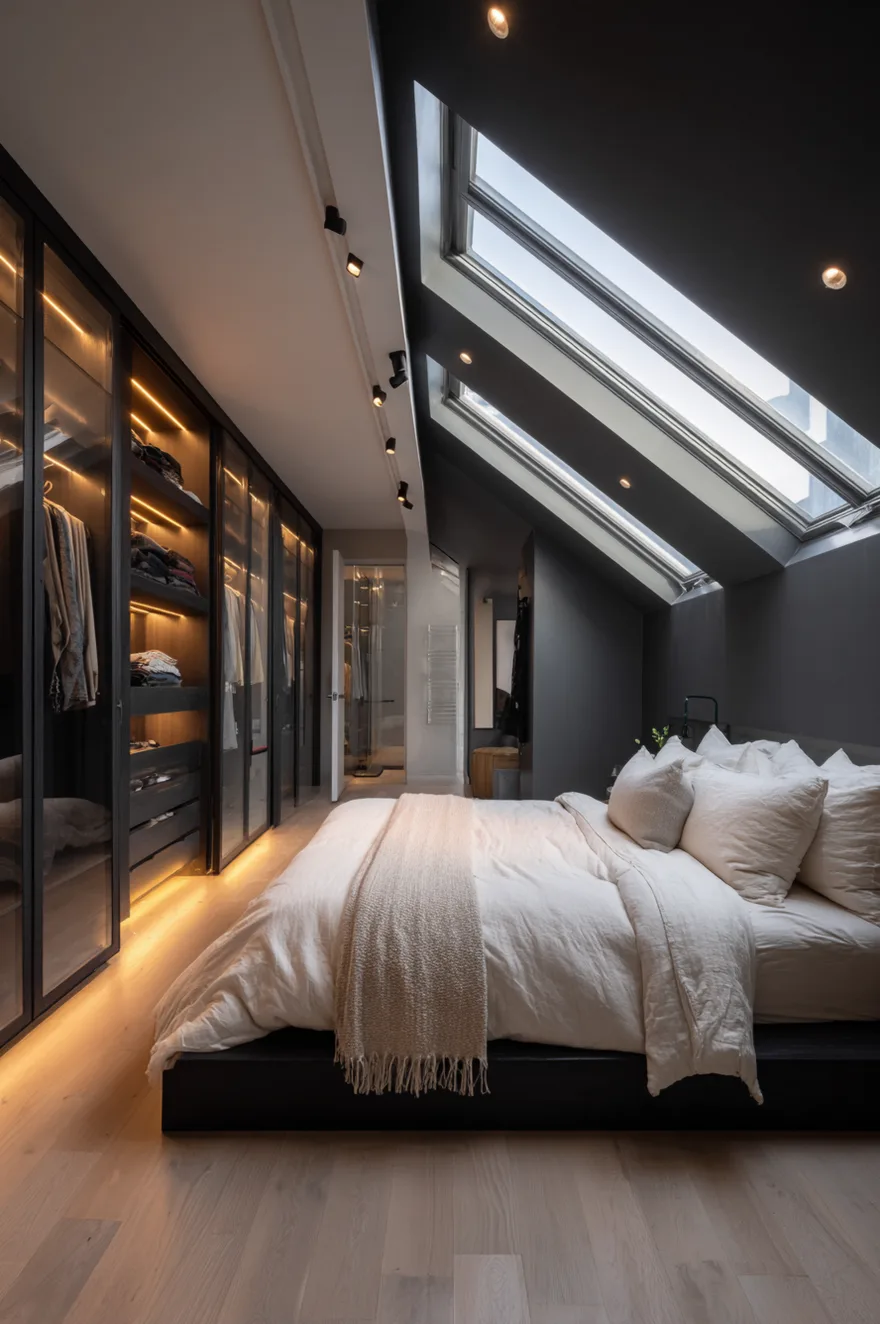 A modern attic bedroom with deep charcoal-colored walls and sloped ceilings. The dark space features exposed light wood support beams, multiple skylights, and a low platform bed with white linens and warm leather pillows, accented by a textured area rug.