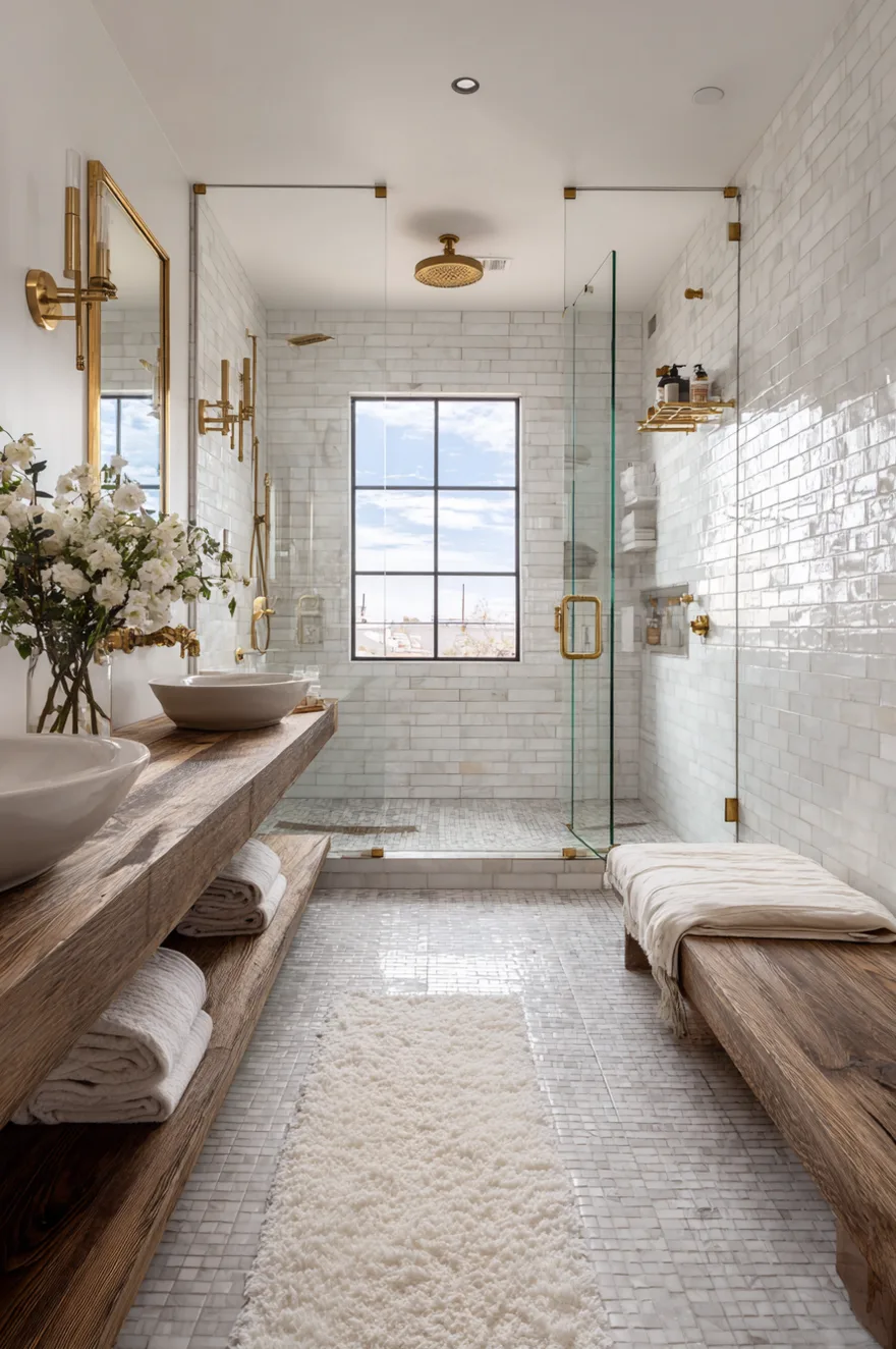 A narrow bathroom with white subway tile walls, a seamless glass shower enclosure with dual brass showerheads, a rustic wooden bench, and a matching wood vanity counter with two white vessel sinks.