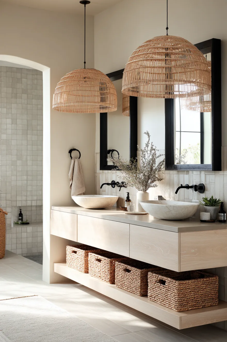A built-in light wood double vanity with an open bottom shelf holding woven storage baskets. The vanity features a smooth grey countertop, two round stone basin sinks, and black wall-mounted faucets. Two large woven rattan pendant lights hang in front of black-framed rectangular mirrors against a neutral wall.
