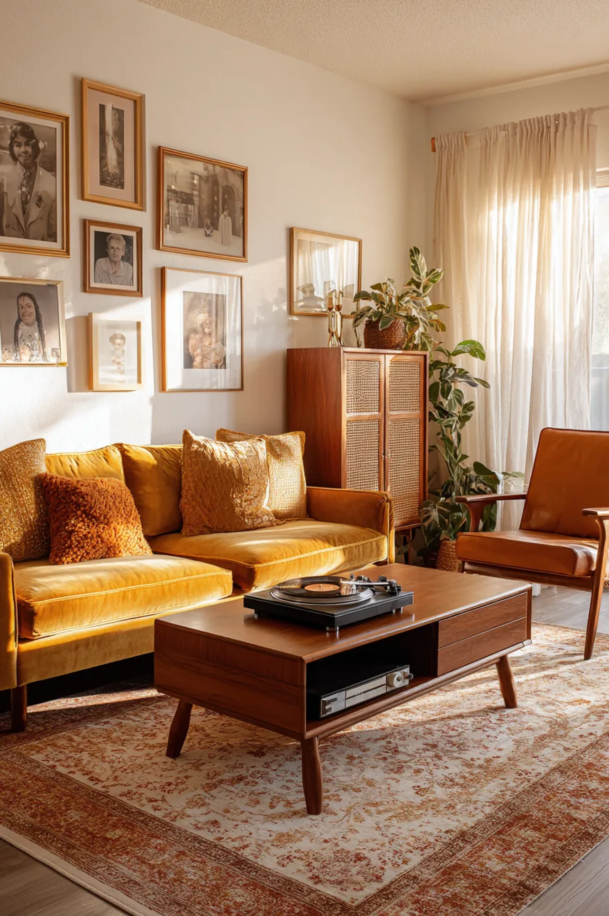 A living room featuring a yellow velvet sofa and a brown leather chair centered around a rectangular wood coffee table holding a record player. The wall behind the sofa is decorated with a gallery wall of framed vintage photography.