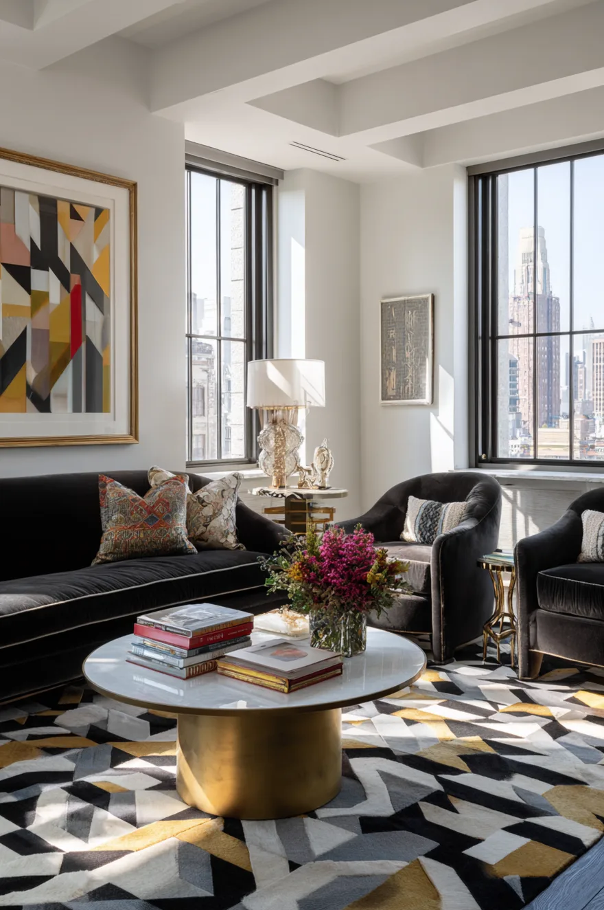 An accent chair upholstered in a black and gold fan-shaped geometric patterned fabric sits on a black and white chevron patterned rug. A small, round black marble and brass side table holds a white vase near a dark grey wall.