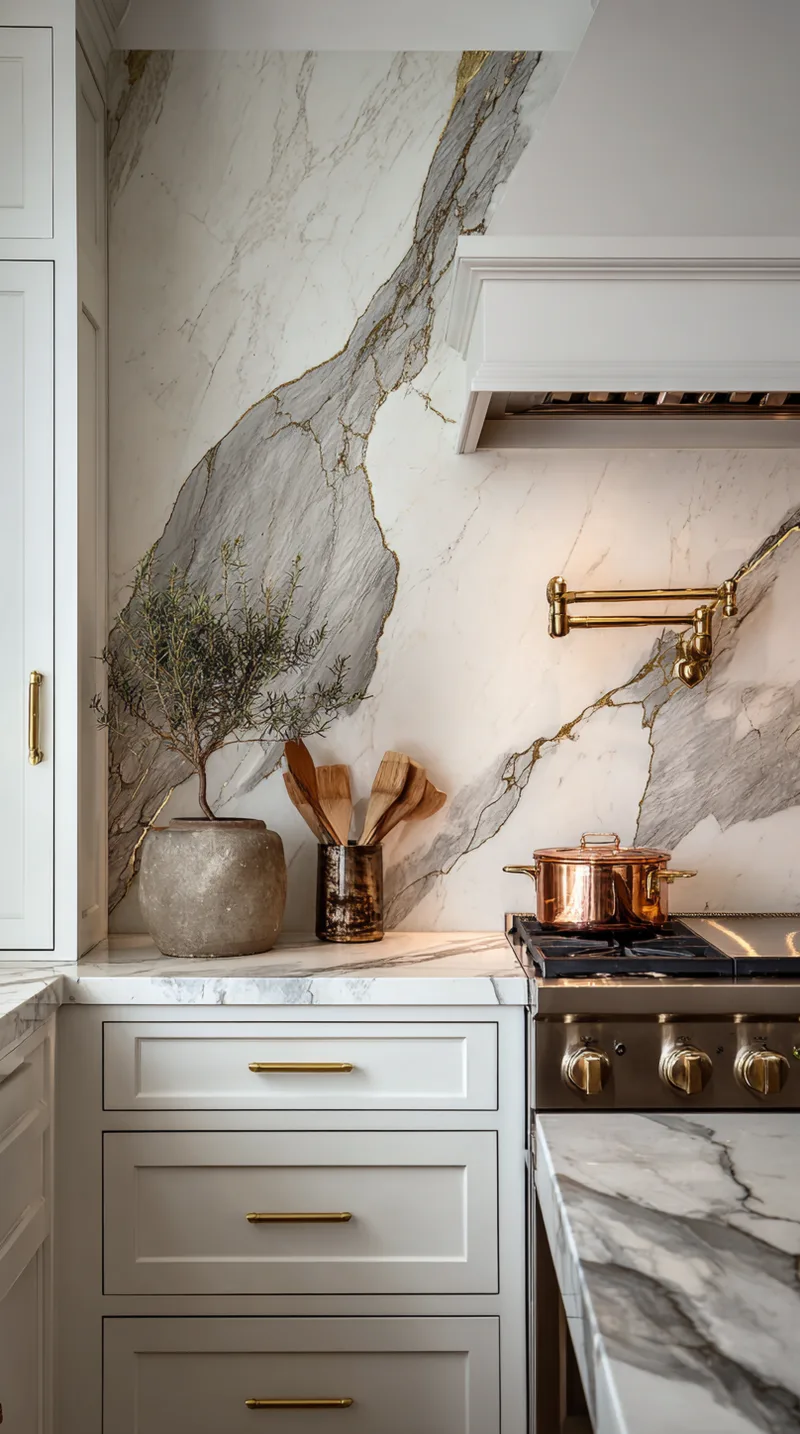 Full-height marble slab backsplash with dramatic grey veining behind a stainless steel range and brass pot filler.