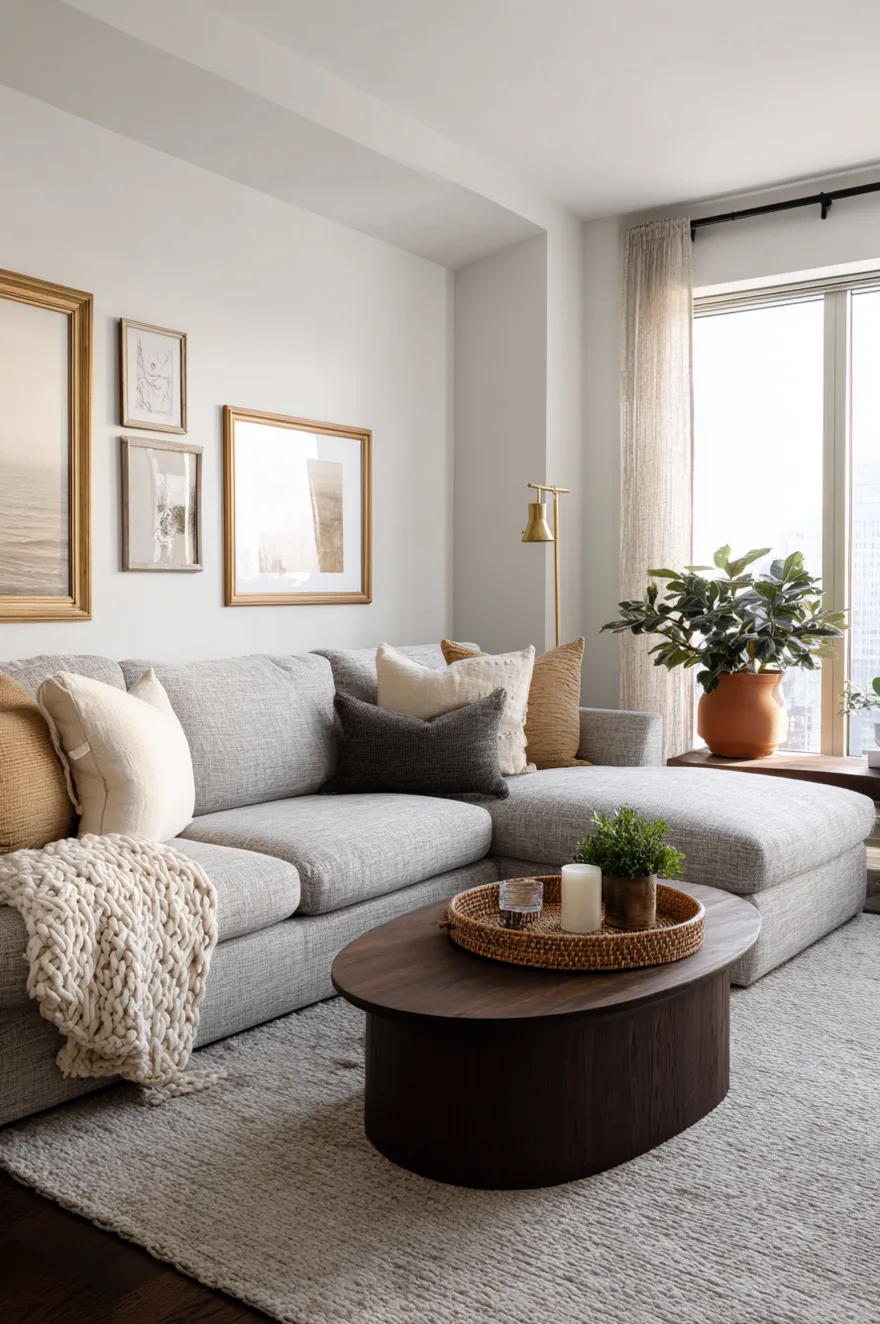 A cozy living room with a large, textured light gray sectional sofa. The sofa is decorated with dark navy blue and rust orange pillows. Small wooden and marble nesting coffee tables sit on a patterned rug.