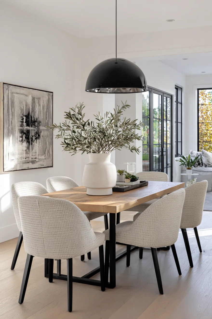 Modern dining table featuring a wood top and industrial black metal legs in a contemporary dining room.