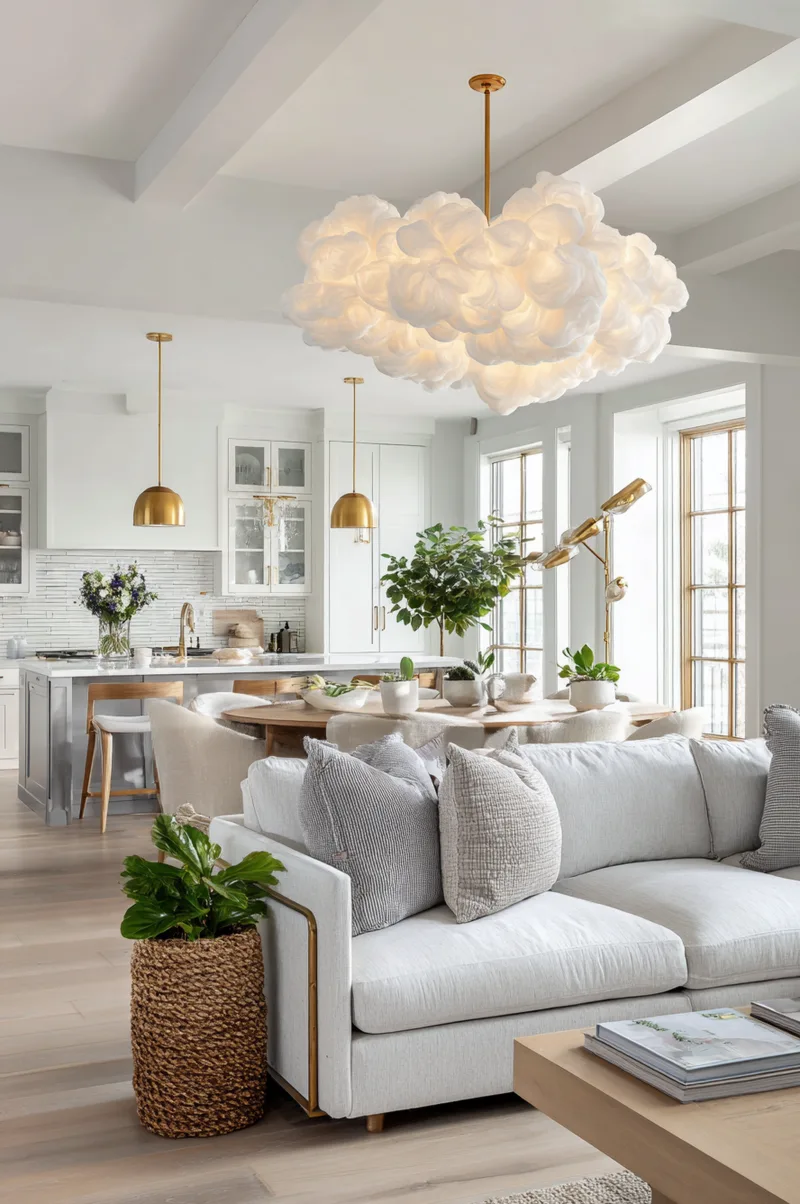 Large sculptural white cloud chandelier hanging over a modern living room section of an open plan layout.
